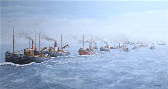 C. Duncan, oil on board, The Great Yarmouth steam drifter fleet heading to the fishing grounds, signed 26.5 x 49cm